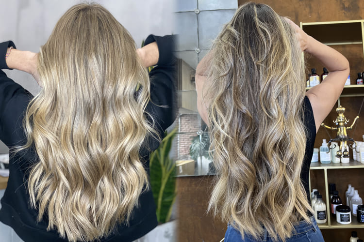Comparativa antes y después: a la izquierda cabello seco con frizz, a la derecha cabello hidratado con rizos definidos tras el tratamiento reparador DIM Repair Intensive