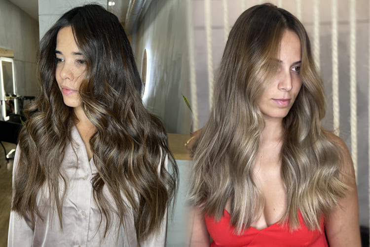 Primer plano de cabello castaño con mechas color caramelo y un acabado de brillo intenso "efecto aceite" tras la coloración orgánica DIM Color OIL.